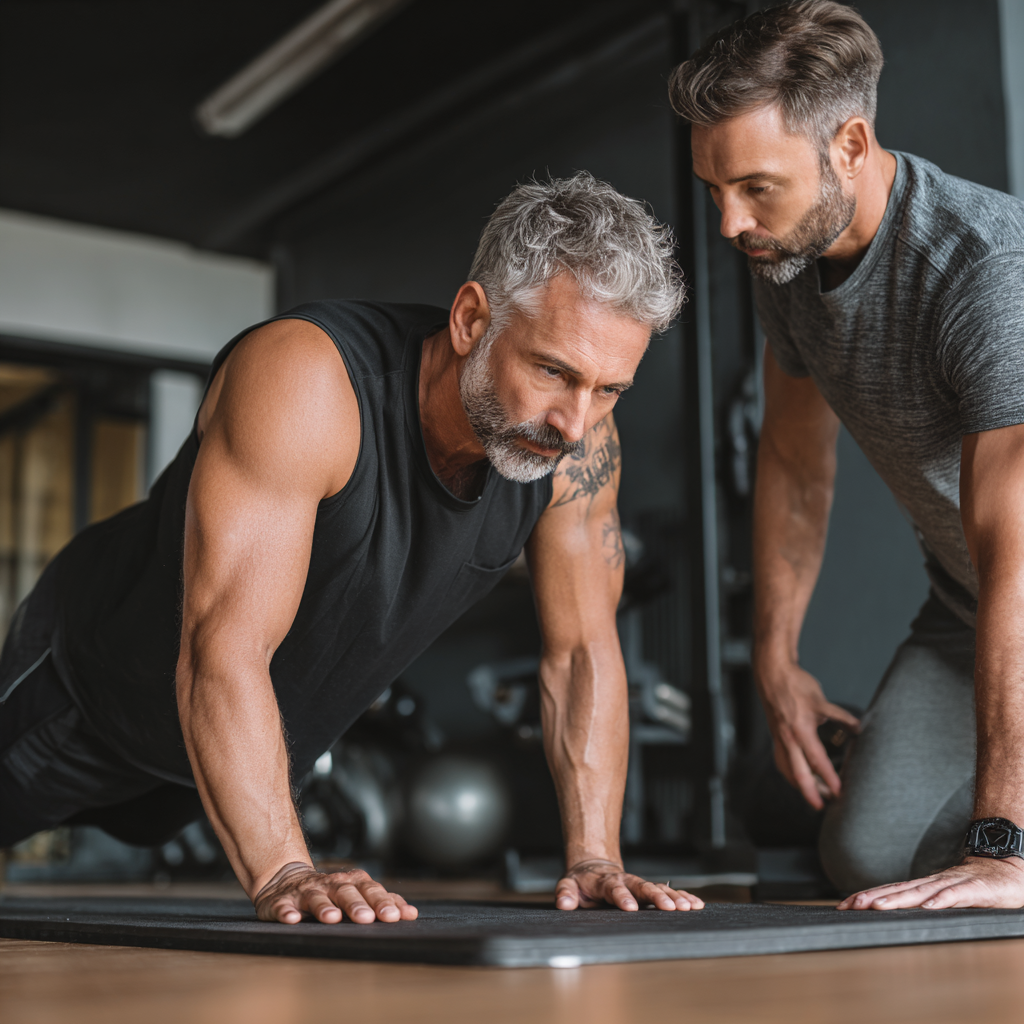 Professional fitness trainer working with middle-aged client